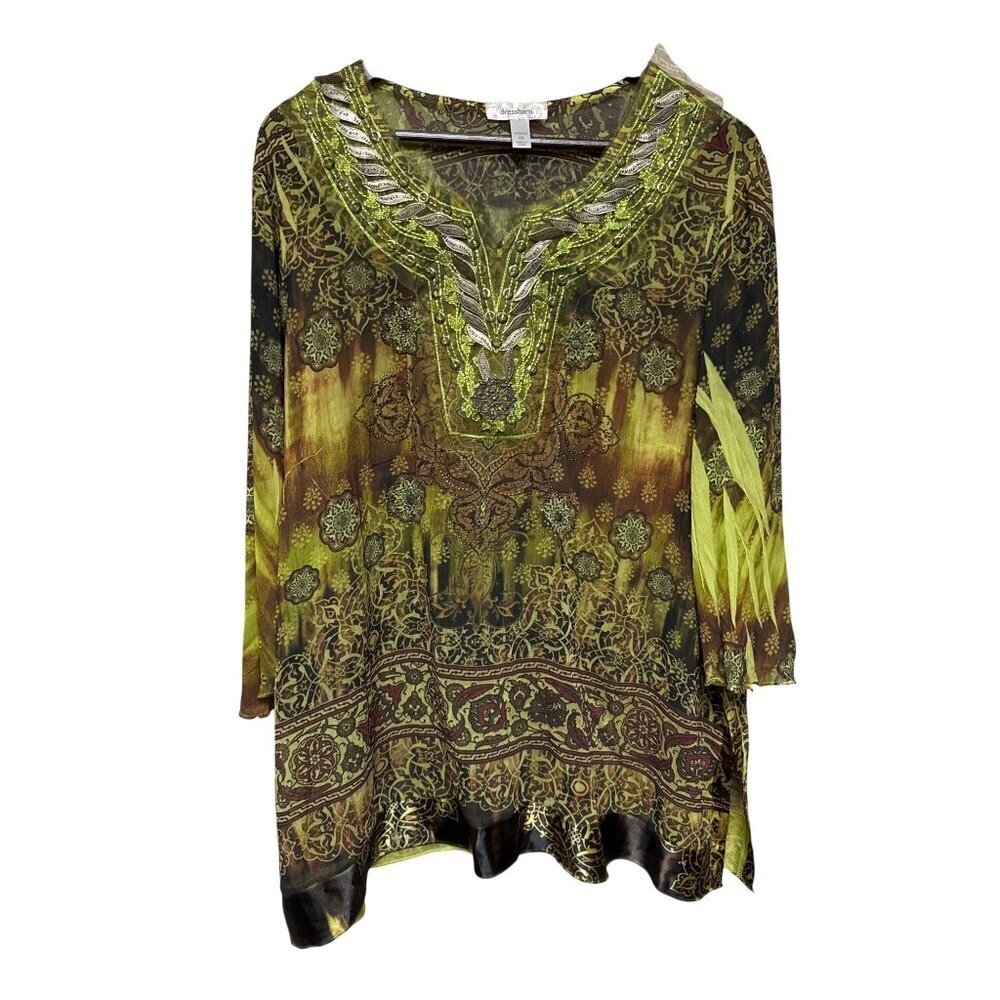 Dressbarn Women's Top Tunic Boho Embellished Flare Sleeve Brown Green 2X
